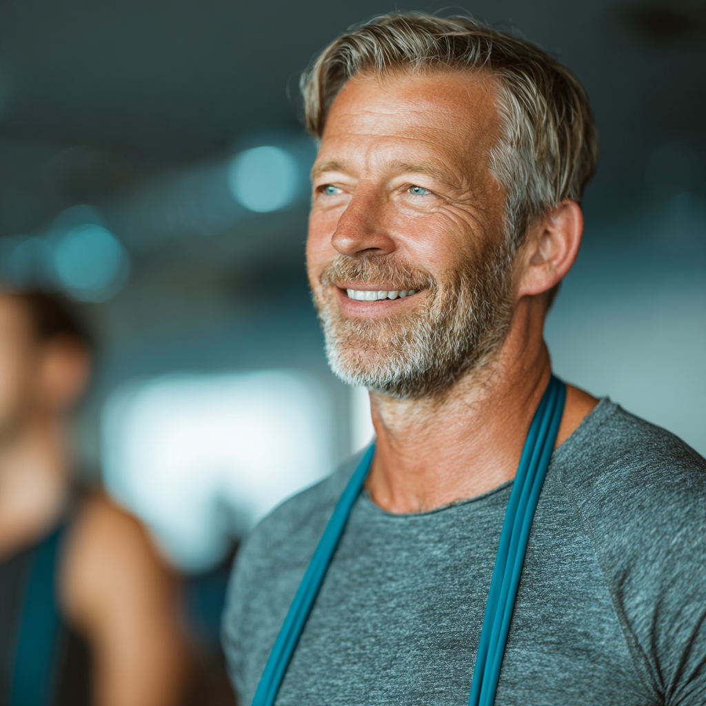 Smiling 52-year-old man in fitness attire doing functional movement exercises with resistance bands in a bright wellness studio